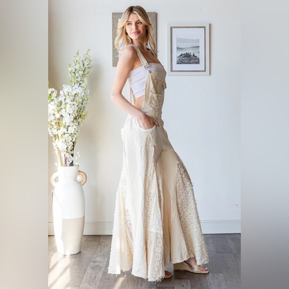 OLI & HALI MULTI LACE PATCHWORK WIDE LEG OVERALLS in cream - Picture 4 of 8